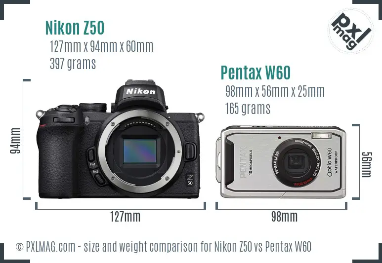 Nikon Z50 vs Pentax W60 size comparison