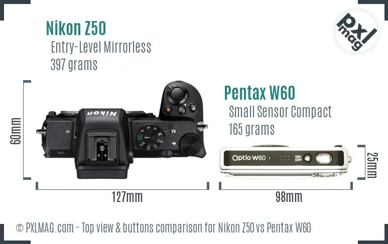 Nikon Z50 vs Pentax W60 top view buttons comparison