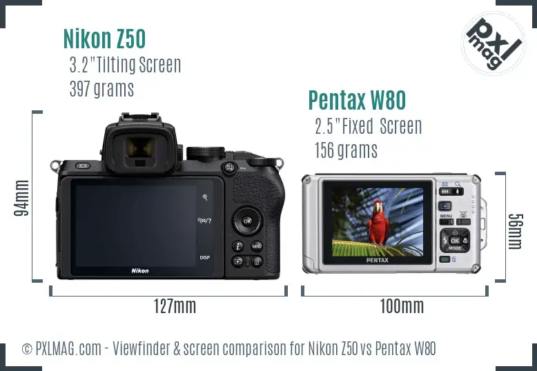 Nikon Z50 vs Pentax W80 Screen and Viewfinder comparison