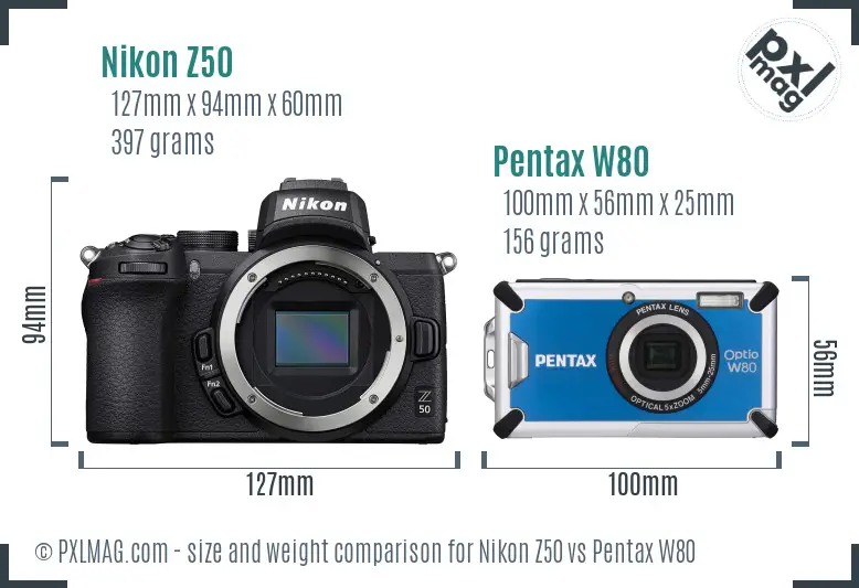 Nikon Z50 vs Pentax W80 size comparison