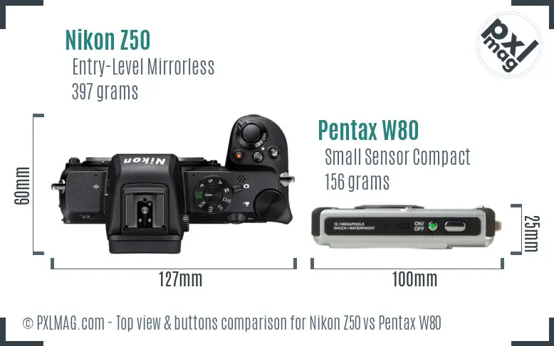 Nikon Z50 vs Pentax W80 top view buttons comparison