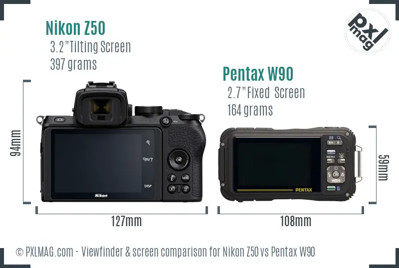 Nikon Z50 vs Pentax W90 Screen and Viewfinder comparison