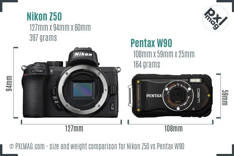 Nikon Z50 vs Pentax W90 size comparison