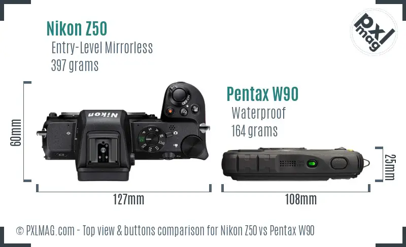 Nikon Z50 vs Pentax W90 top view buttons comparison