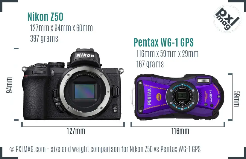Nikon Z50 vs Pentax WG-1 GPS size comparison
