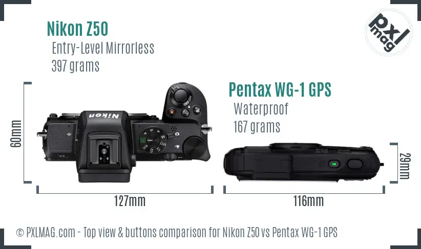 Nikon Z50 vs Pentax WG-1 GPS top view buttons comparison