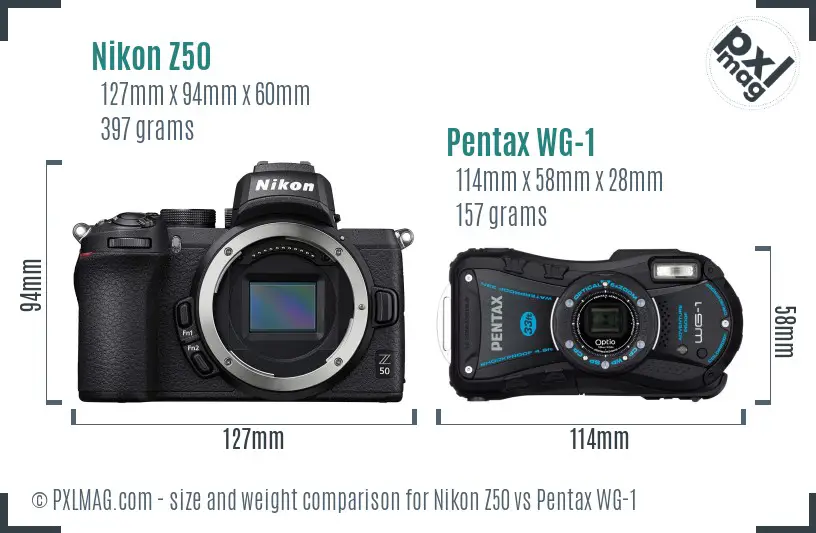 Nikon Z50 vs Pentax WG-1 size comparison