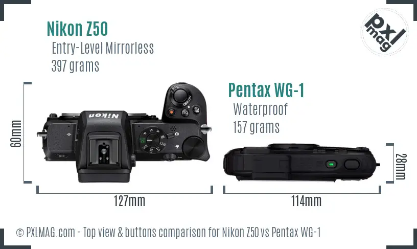 Nikon Z50 vs Pentax WG-1 top view buttons comparison