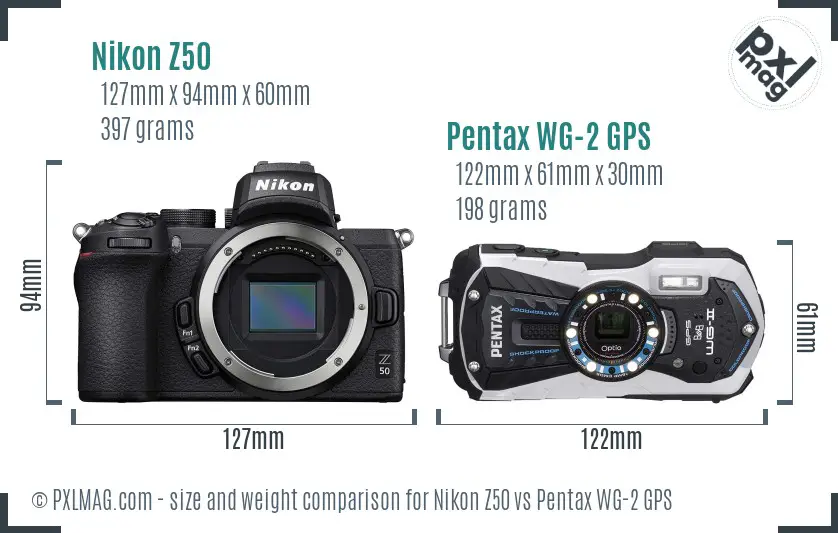 Nikon Z50 vs Pentax WG-2 GPS size comparison