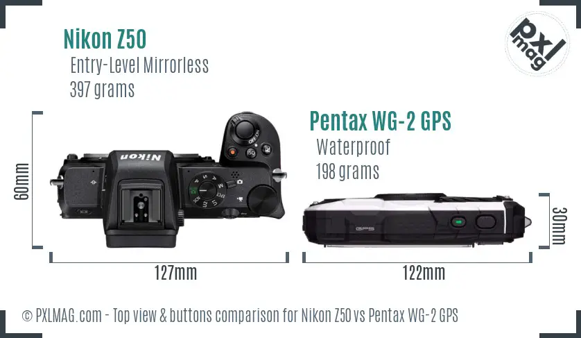 Nikon Z50 vs Pentax WG-2 GPS top view buttons comparison
