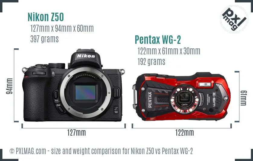 Nikon Z50 vs Pentax WG-2 size comparison