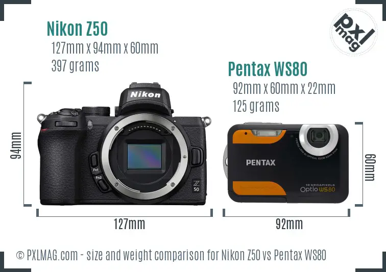 Nikon Z50 vs Pentax WS80 size comparison