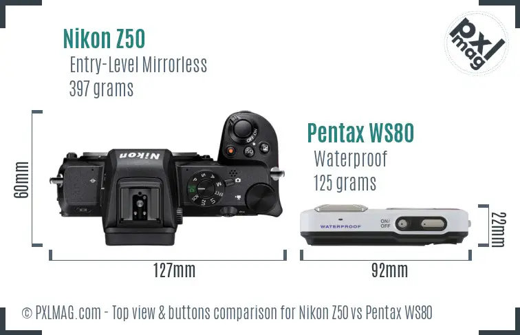 Nikon Z50 vs Pentax WS80 top view buttons comparison