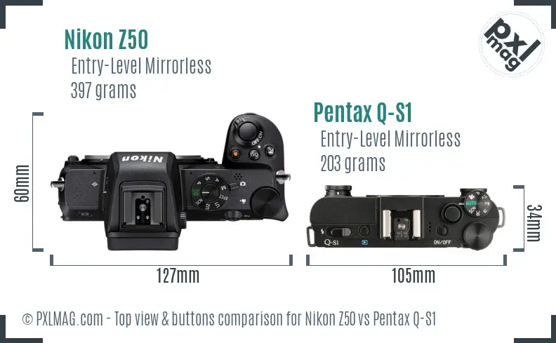 Nikon Z50 vs Pentax Q-S1 top view buttons comparison