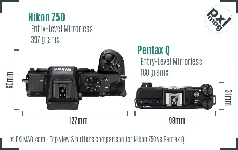 Nikon Z50 vs Pentax Q top view buttons comparison