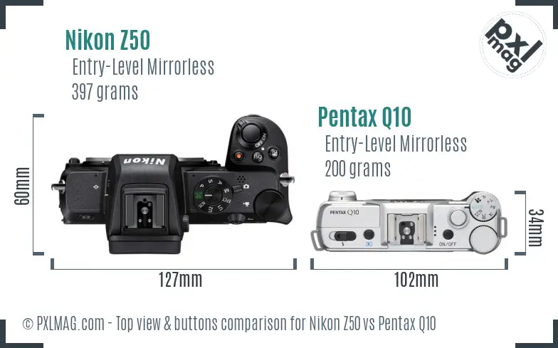 Nikon Z50 vs Pentax Q10 top view buttons comparison