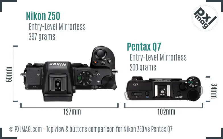 Nikon Z50 vs Pentax Q7 top view buttons comparison