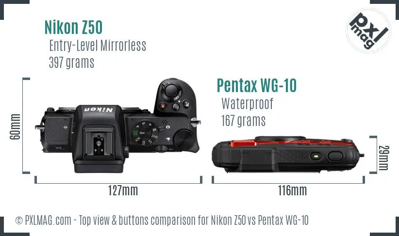 Nikon Z50 vs Pentax WG-10 top view buttons comparison Nikon Z50 vs Pentax WG-10 top view buttons comparison