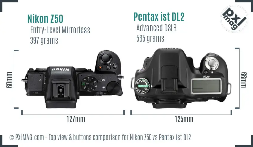 Nikon Z50 vs Pentax ist DL2 top view buttons comparison