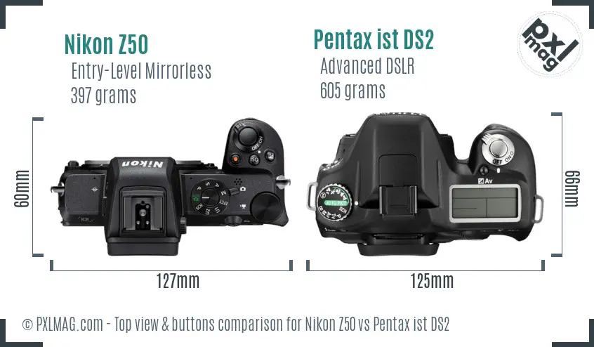 Nikon Z50 vs Pentax ist DS2 top view buttons comparison