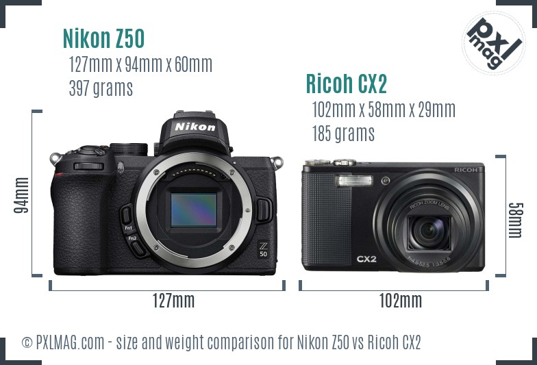 Nikon Z50 vs Ricoh CX2 size comparison Nikon Z50 vs Ricoh CX2 size comparison