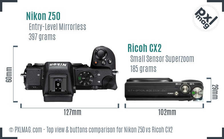 Nikon Z50 vs Ricoh CX2 top view buttons comparison