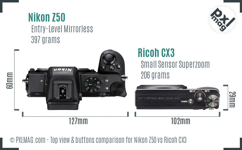 Nikon Z50 vs Ricoh CX3 top view buttons comparison Nikon Z50 vs Ricoh CX3 top view buttons comparison