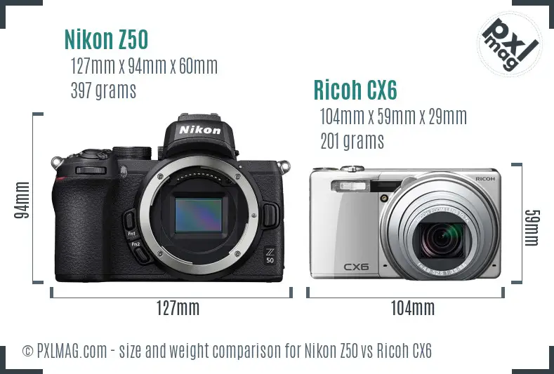 Nikon Z50 vs Ricoh CX6 size comparison Nikon Z50 vs Ricoh CX6 size comparison