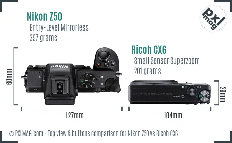 Nikon Z50 vs Ricoh CX6 top view buttons comparison Nikon Z50 vs Ricoh CX6 top view buttons comparison