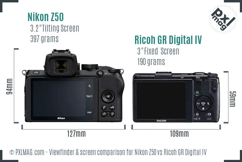 Nikon Z50 vs Ricoh GR Digital IV Screen and Viewfinder comparison