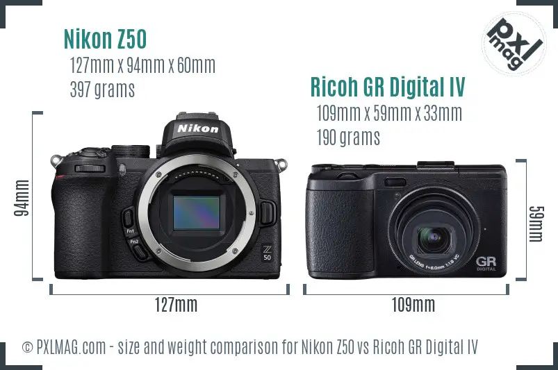 Nikon Z50 vs Ricoh GR Digital IV size comparison