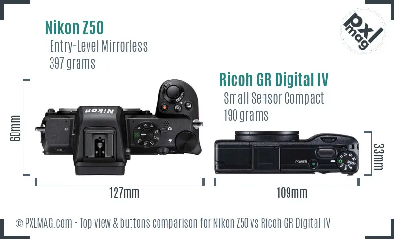 Nikon Z50 vs Ricoh GR Digital IV top view buttons comparison