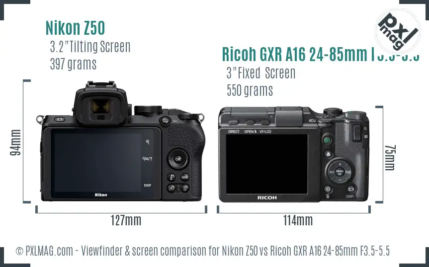 Nikon Z50 vs Ricoh GXR A16 24-85mm F3.5-5.5 Screen and Viewfinder comparison Nikon Z50 vs Ricoh GXR A16 24-85mm F3.5-5.5 Screen and Viewfinder comparison