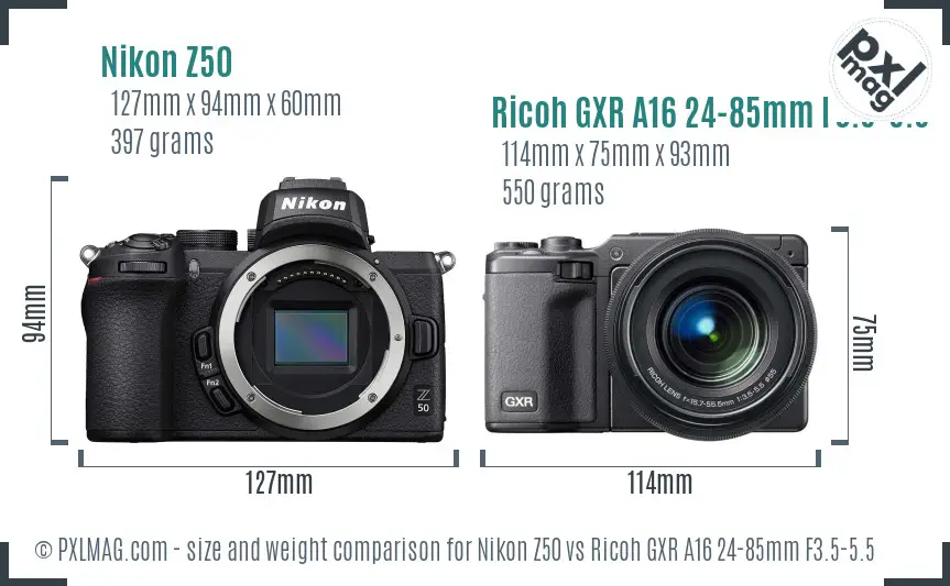 Nikon Z50 vs Ricoh GXR A16 24-85mm F3.5-5.5 size comparison Nikon Z50 vs Ricoh GXR A16 24-85mm F3.5-5.5 size comparison