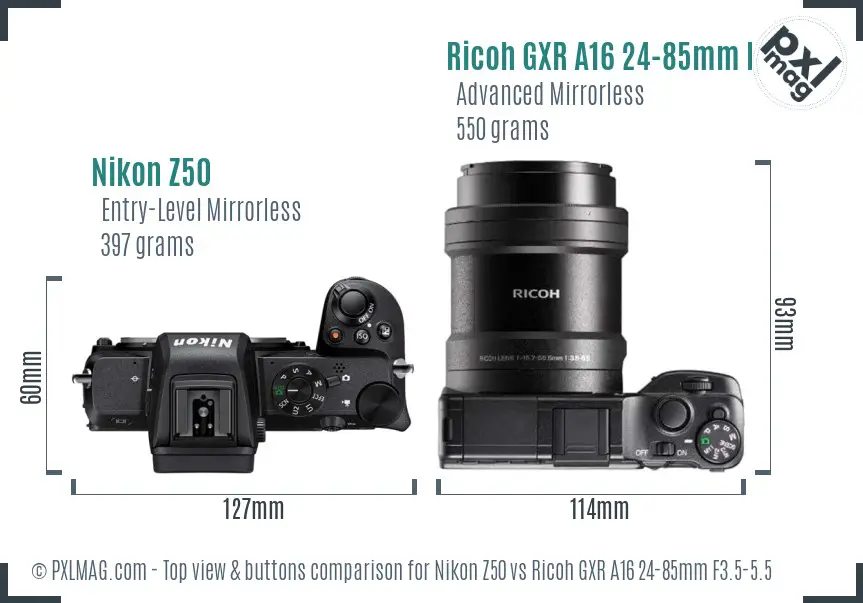 Nikon Z50 vs Ricoh GXR A16 24-85mm F3.5-5.5 top view buttons comparison Nikon Z50 vs Ricoh GXR A16 24-85mm F3.5-5.5 top view buttons comparison