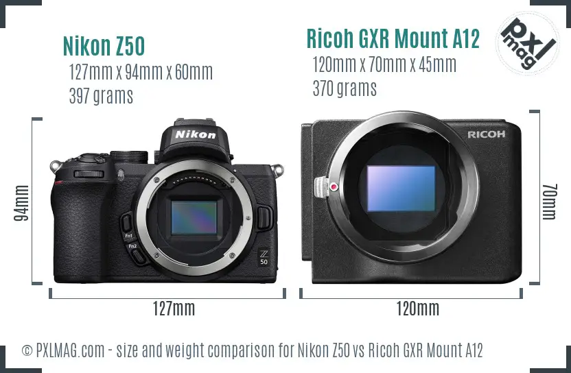 Nikon Z50 vs Ricoh GXR Mount A12 size comparison