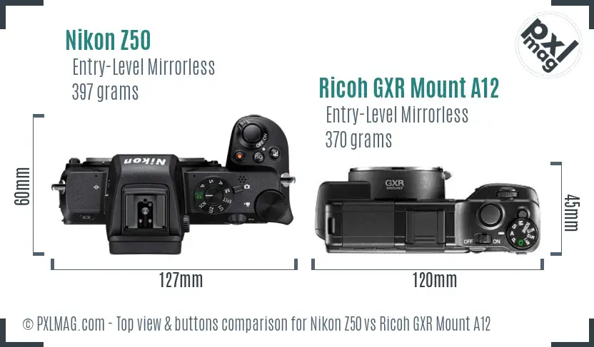 Nikon Z50 vs Ricoh GXR Mount A12 top view buttons comparison