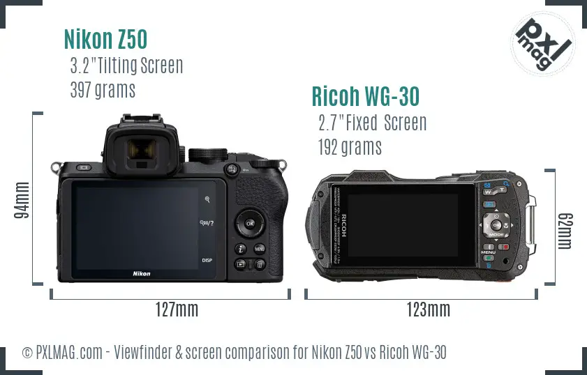 Nikon Z50 vs Ricoh WG-30 Screen and Viewfinder comparison