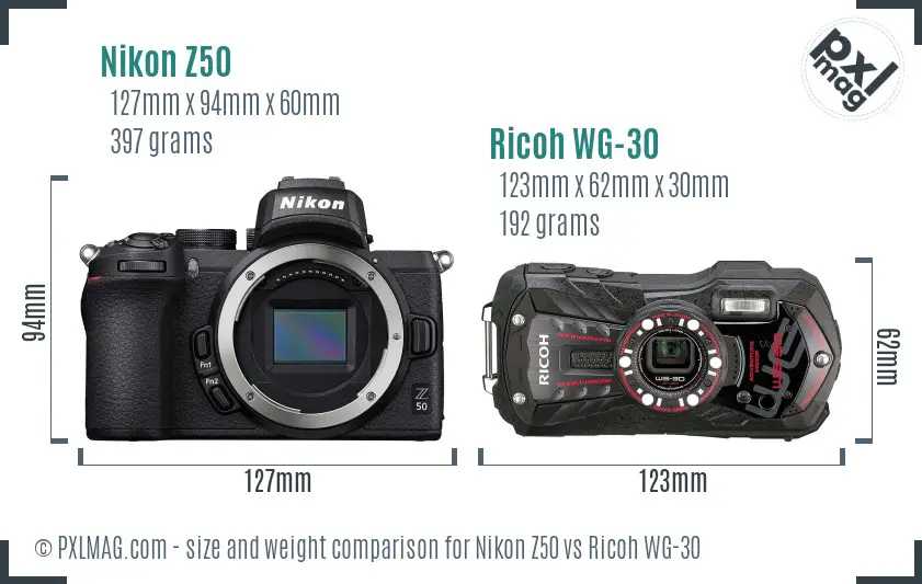 Nikon Z50 vs Ricoh WG-30 size comparison