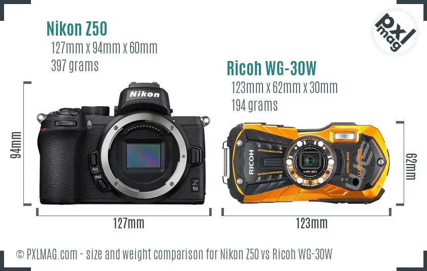 Nikon Z50 vs Ricoh WG-30W size comparison