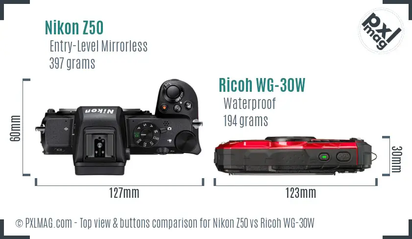 Nikon Z50 vs Ricoh WG-30W top view buttons comparison