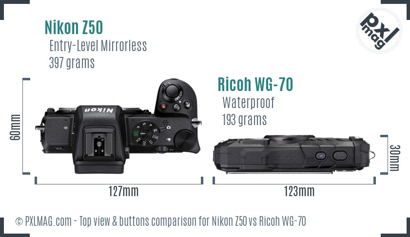 Nikon Z50 vs Ricoh WG-70 top view buttons comparison