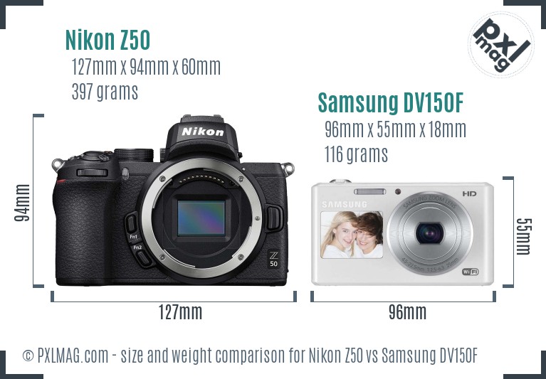 Nikon Z50 vs Samsung DV150F size comparison Nikon Z50 vs Samsung DV150F size comparison