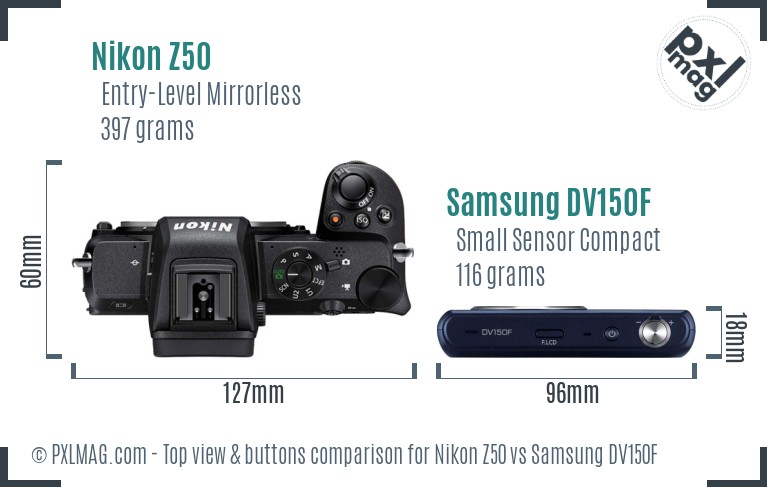 Nikon Z50 vs Samsung DV150F top view buttons comparison