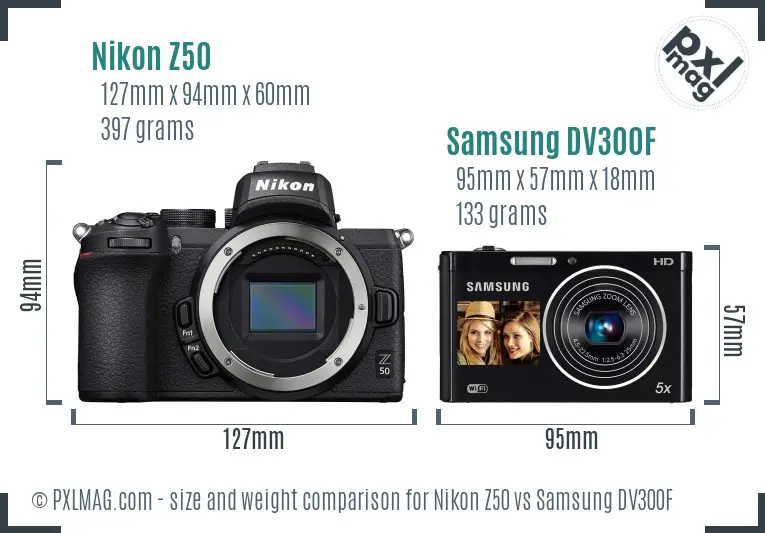 Nikon Z50 vs Samsung DV300F size comparison