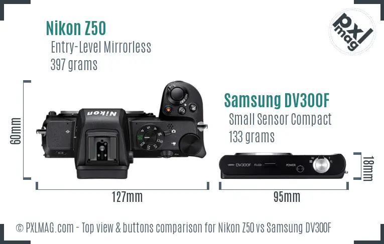 Nikon Z50 vs Samsung DV300F top view buttons comparison