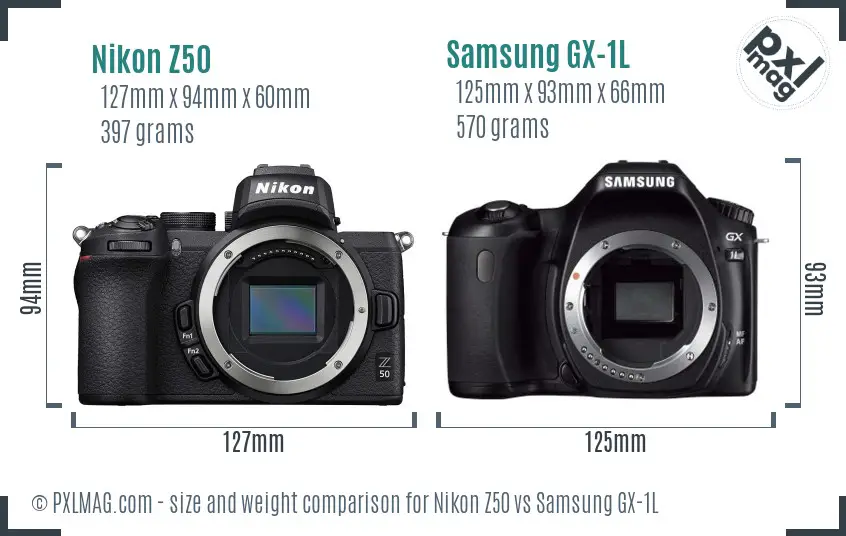 Nikon Z50 vs Samsung GX-1L size comparison
