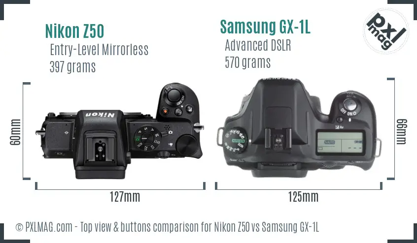 Nikon Z50 vs Samsung GX-1L top view buttons comparison