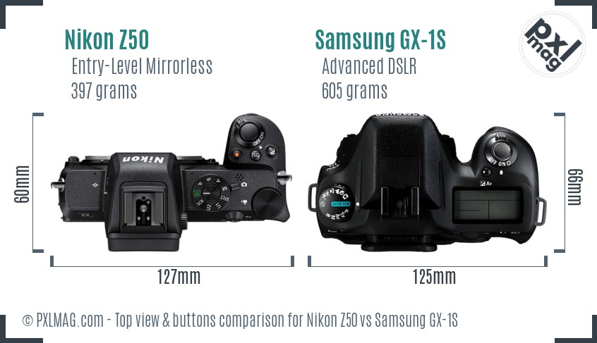 Nikon Z50 vs Samsung GX-1S top view buttons comparison