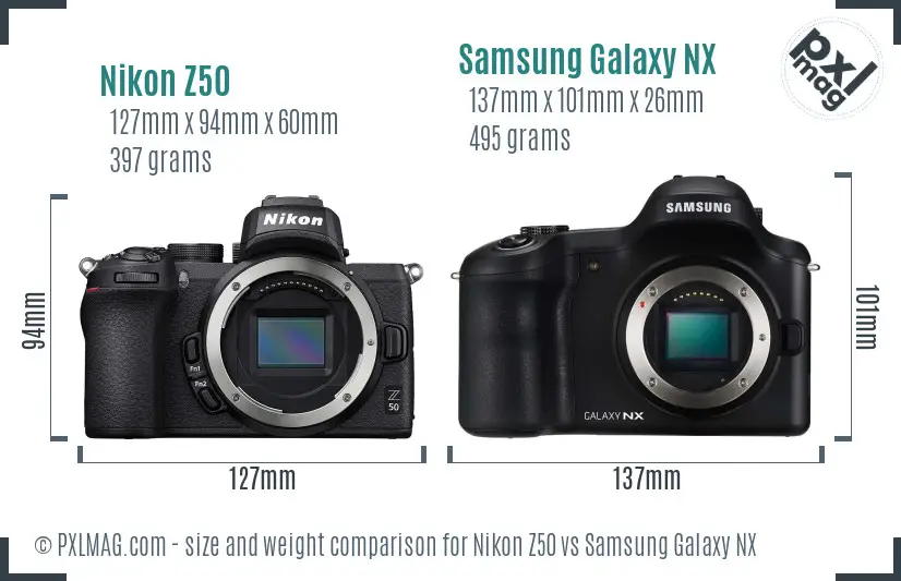 Nikon Z50 vs Samsung Galaxy NX size comparison